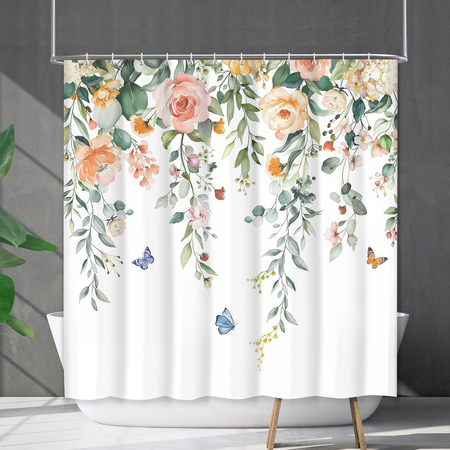 YL-38201 Waterproof Shower Curtain Set with Floral and Plant Designs, Shower Covering Curtain, No Drill Required
