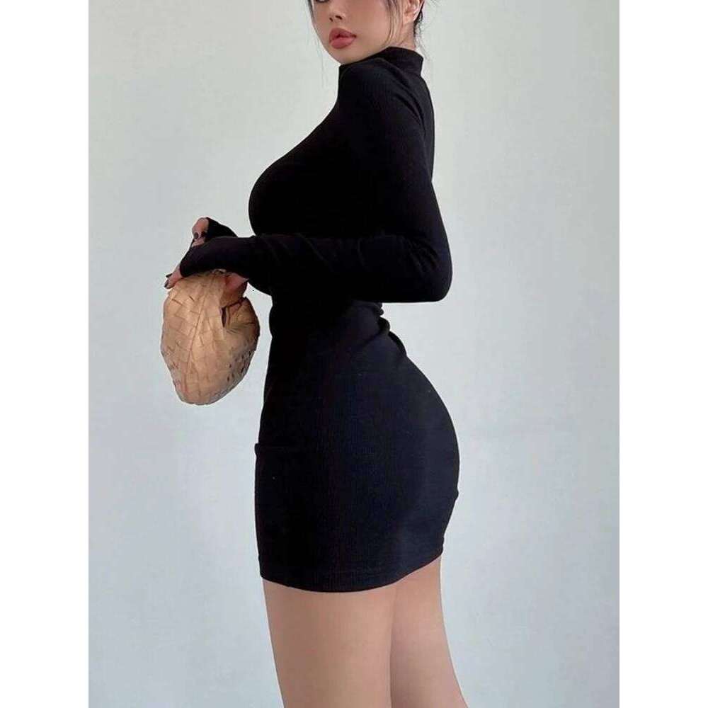 Turtleneck Long Sleeves Dresses Black Sexy Pleated Bodycon Mini Dress 2025 Fall Winter Women Streetwear Party Club Y2K Clothings