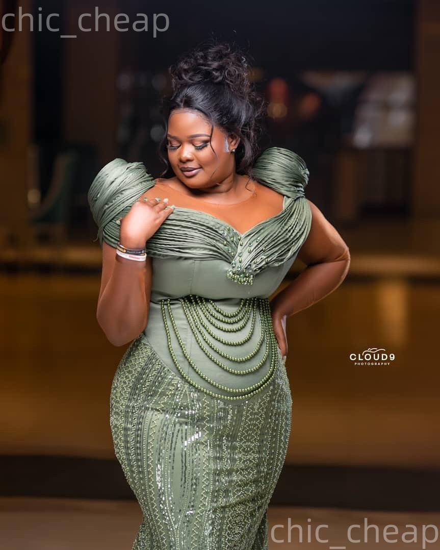 Olive Green Mermaid Plus Size Prom Dresses 2026 Pears Sequined Sheer Neck Evening Formal Party Second Birthday Engagement Gowns Dress For Special Occa