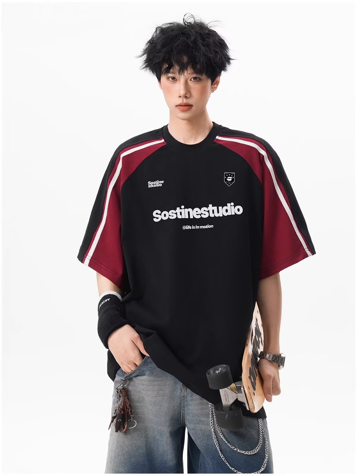 Men's Summer American Patchwork Color-Block Raglan T-shirt - Preppy & Sporty Style Letter Print Slim-Fit Crew Neck Short Sleeve Tee