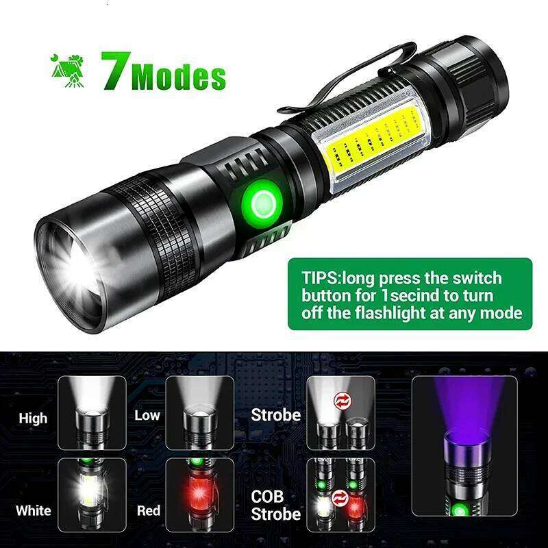 Super Bright LED Zoom Flashlight With 365nm UV USB Rechargeable Outdoor Tactical Flashlights Use 18650 Battery Emergency Torch Z260121
