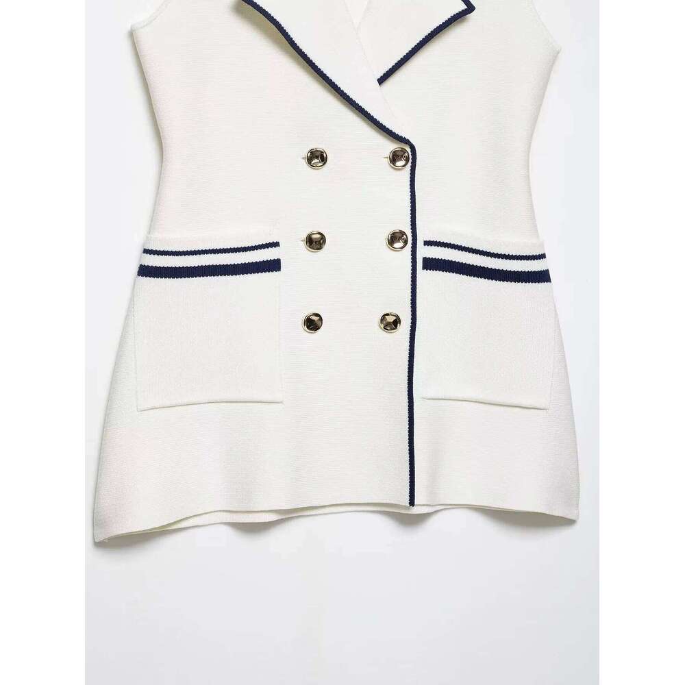 2025 summer new women's casual fashion commuter double-breasted button trim knitted vest jacket top