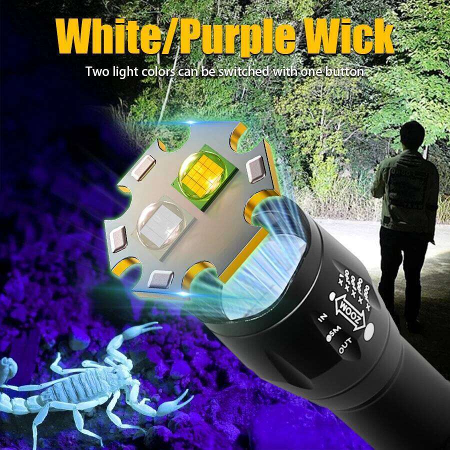 2 In 1 Ultraviolet Flashlight Purple White Dual Light Zoomable Torch Built in Battery Recharge Scorpion Hunting UV Flashlights Z260121