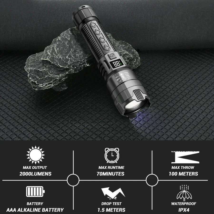 Ultra Bright LED Flashlight 2000LM Type-C Rechargeable Long Range Zoom Tactical Torch Outdoor Emergency Camping Fishing Lantern Z260121