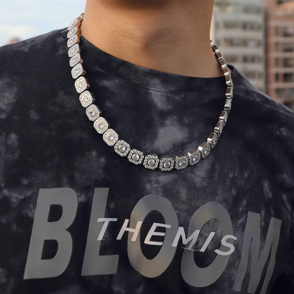 Luxury Jewelry Square Iced Out Cubic Zirconia 12mm Necklace and Bracelet Iced Out Stainless Steel Cuban Chain Set