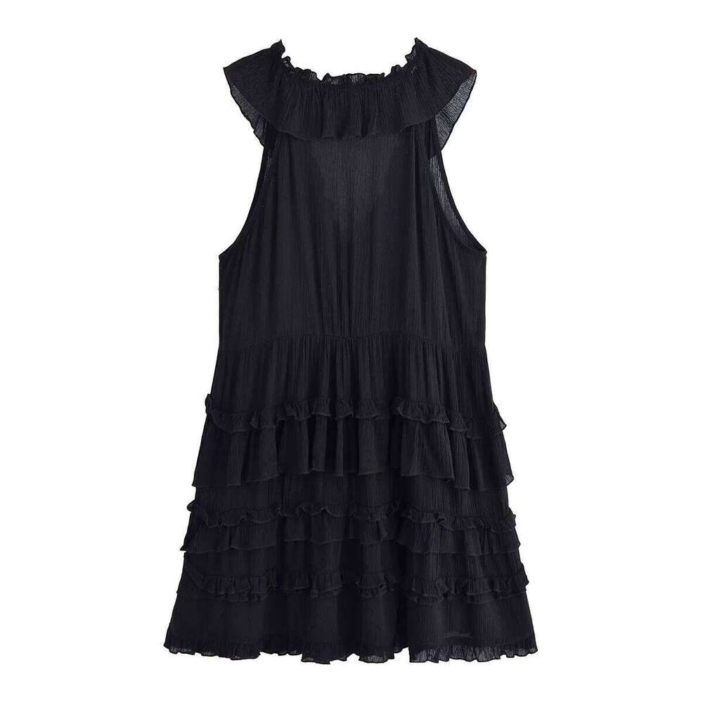 2025 Summer New Arrivals Women's Retro Casual French Ruffle Sleeveless V-Neck Cake Skirt Fashion Mini Dress
