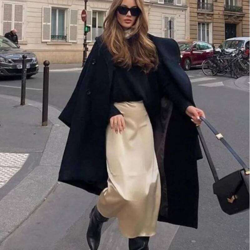 HXAO 2025 For Women Black Satin Summer Elegant Women's Midi High Waist Smooth Skirts Green Flare Skirt 088