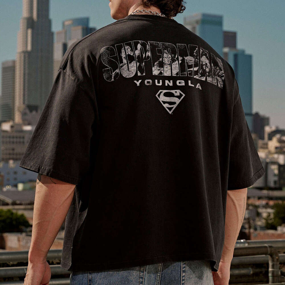 Superman American Style Trendy Plus Size Loose Fit Fitness Sports Heavy Cotton Printed Short Sleeve T-Shirt For Men