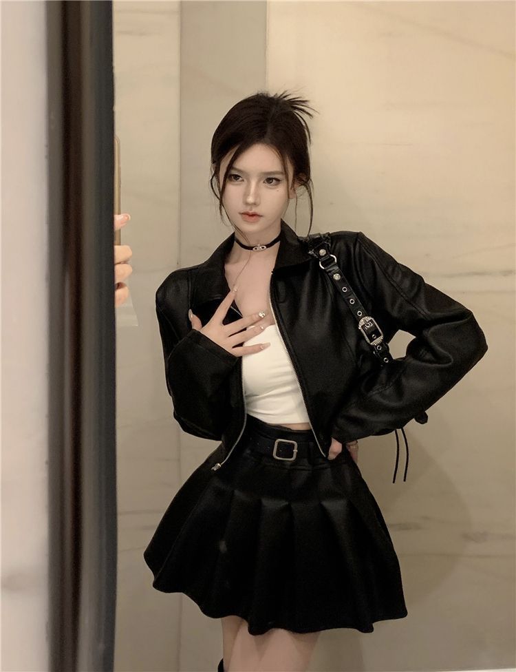Harajuku Black Y2k Mini Skirt Sets Denim Splicing Leather Two Piece Sets Women Outfits Sexy Girl Gothic Camisole Tops Streetwear 250605