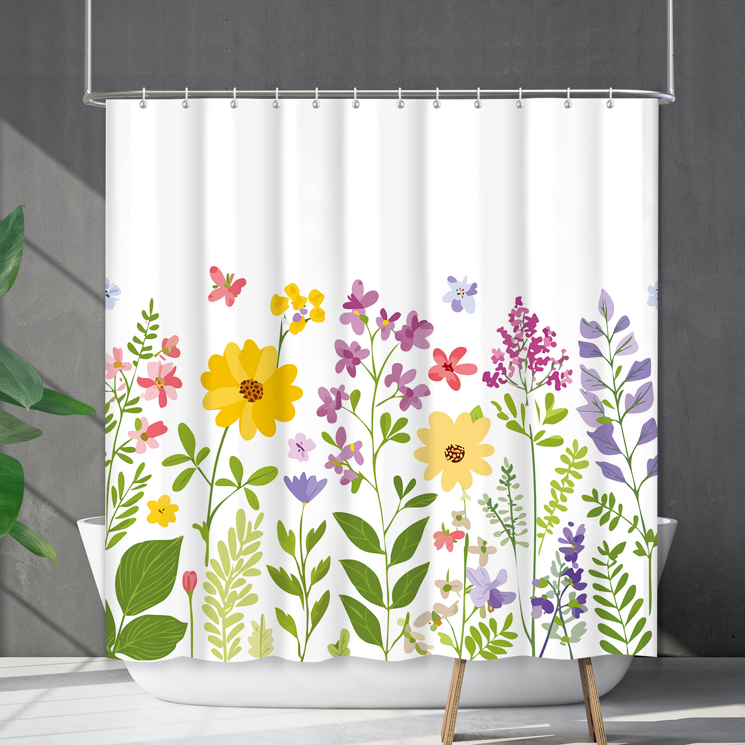 YL-38197 Waterproof Shower Curtain Set with Floral and Plant Designs, Shower Covering Curtain, No Drill Required