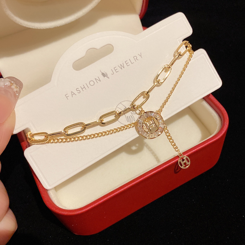 Luxury Brand Designer Jewelry Dongdaemun New Fashion Versatile Double-Layer Letter H Bracelet For Women, Internet Celebrity Personality Light Luxury D