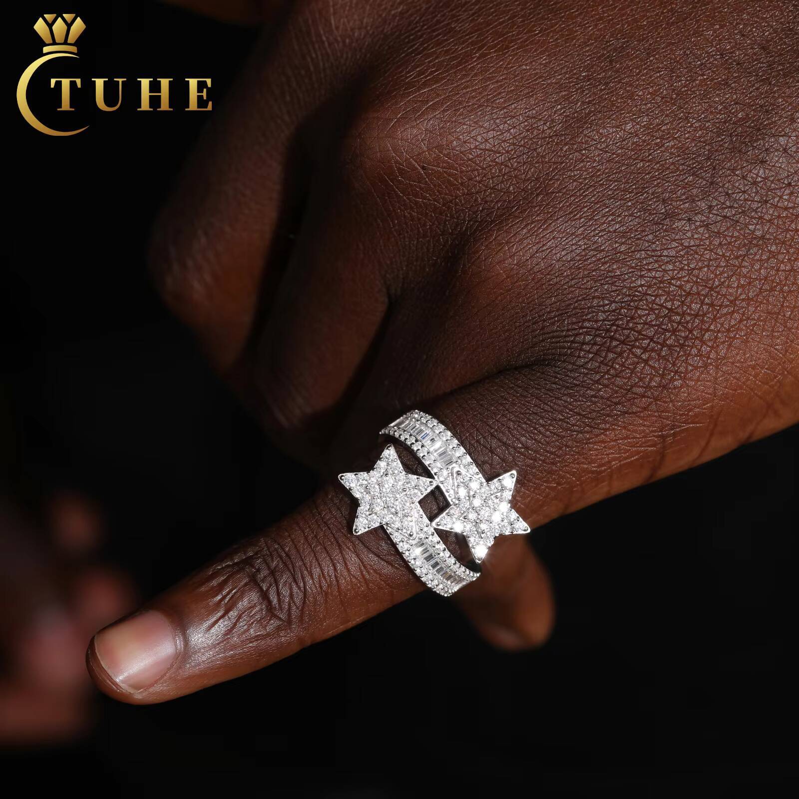 Pass Diamond Tester Baguette Moissanite Star Ring 925 Sterling Silver VVS Mossanite Diamond Engagement Jewelry Gift Hip Hop Mens