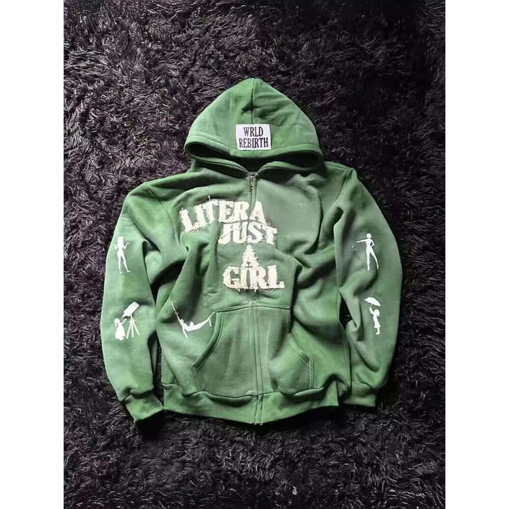 Retro star cross men's hooded sweatshirt with fully embroidered zipper, Gothic style oversized loose black street casual sportswear clothing