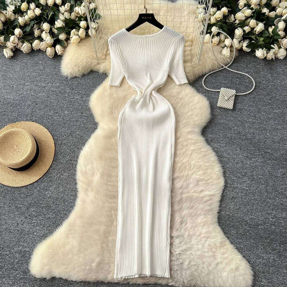 Sexy Side Hollow Out Knitted Dress 2025 Slim Temperament Short Sleeve O Neck French Style Woman Gentle Skinny Long Dresses