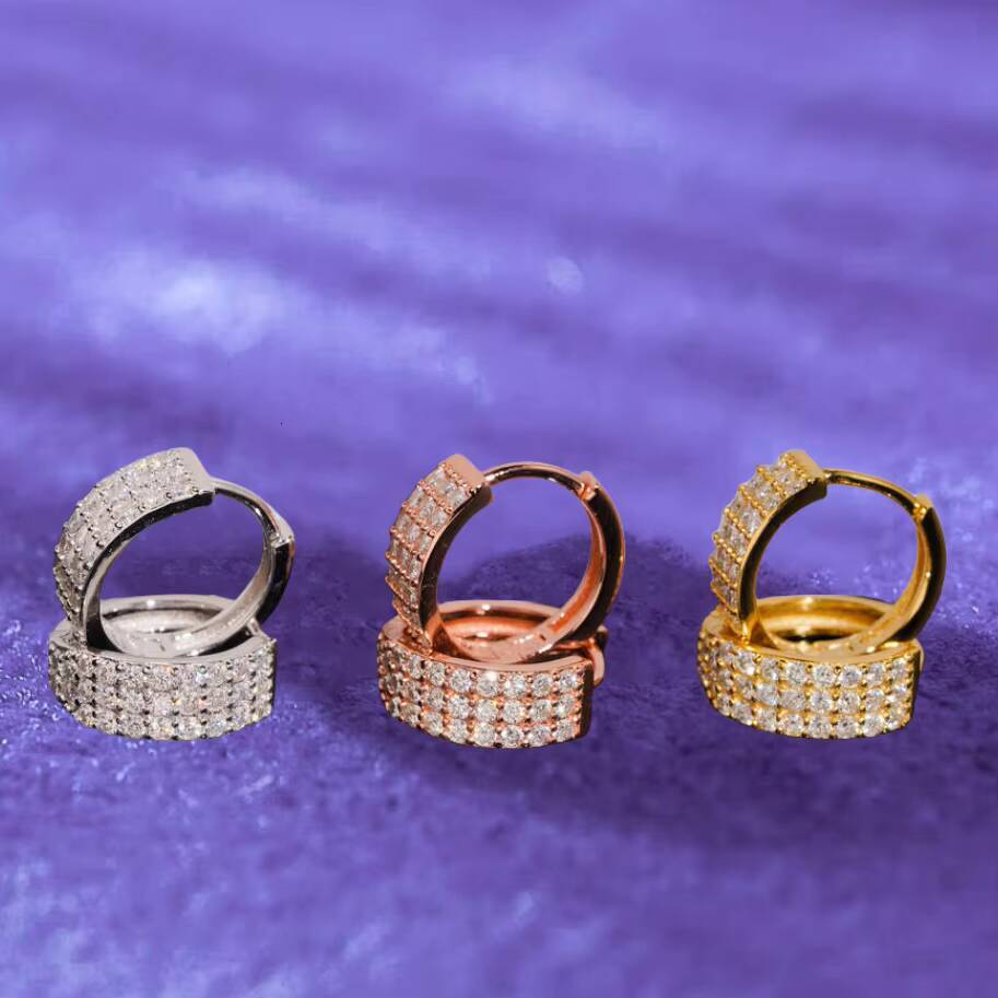 Fine Jewelry Gold Plated 925 Sterling Silver VVS Diamond D Color Moissanite Iced Out 3 Rows Hoop Earrings for Men Women Party