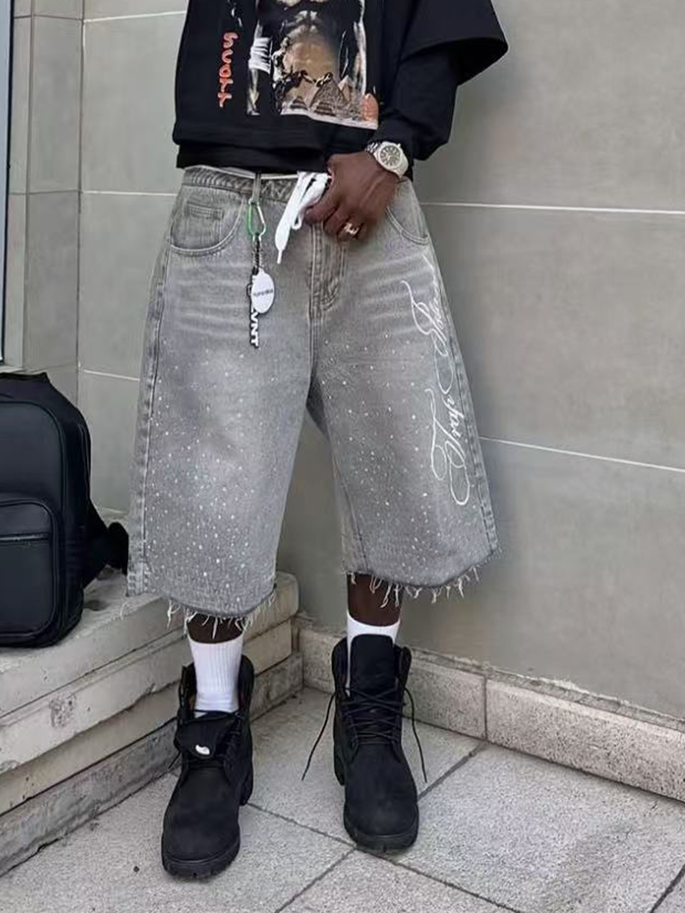 Men's Summer Rhinestone Denim Shorts Y2K Jeans Casual Knee Length Trendy Letter Rhinestone Embroidered Shiny Baggy Jeans Shorts Fashion Streetwea