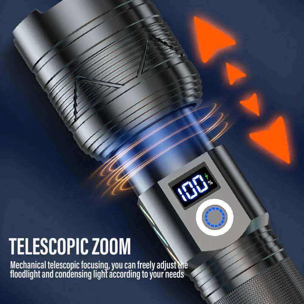 10000LM Super Bright LED Flashlight USB Charging 26650 Lithium Battery Outdoor Telescopic Zoom Torch Lantern With Power Display Z260121