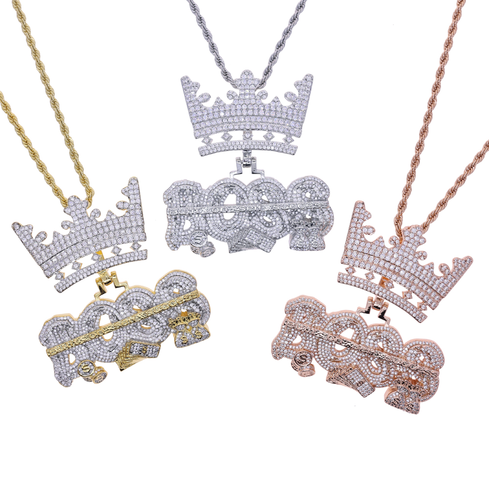 NEW Men Hip Hop Crown Pendant Necklace with Rope Chain Iced Out Bling Necklaces Fashion Charm Jewelry