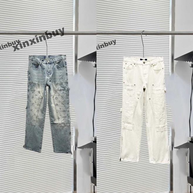 xinxinbuy Men women designer jeans pant emboss pocket letters embroidery workwear denim Casual pants blue black apricot XS-3XL