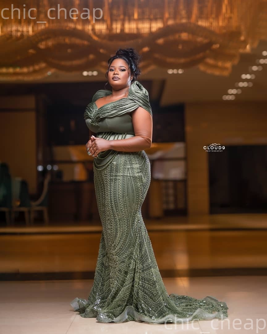 Olive Green Mermaid Plus Size Prom Dresses 2026 Pears Sequined Sheer Neck Evening Formal Party Second Birthday Engagement Gowns Dress For Special Occa