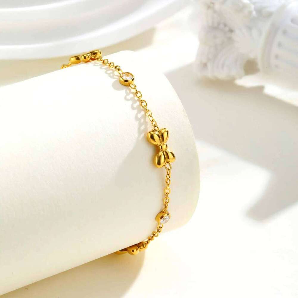 Exquisite Zircon Bowknot Stainless Steel Bracelet 18K Gold Plated Wrist Chain Fashion Party Waterproof Jewelry for Women Girl 26H0121