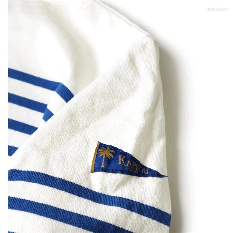 Men's T Shirts Kapital 25SS Blue White Striped Color Block Long Sleeve Loose Fit Round Neck T-Shirt Youthful Sle Cotton Casual Top For All