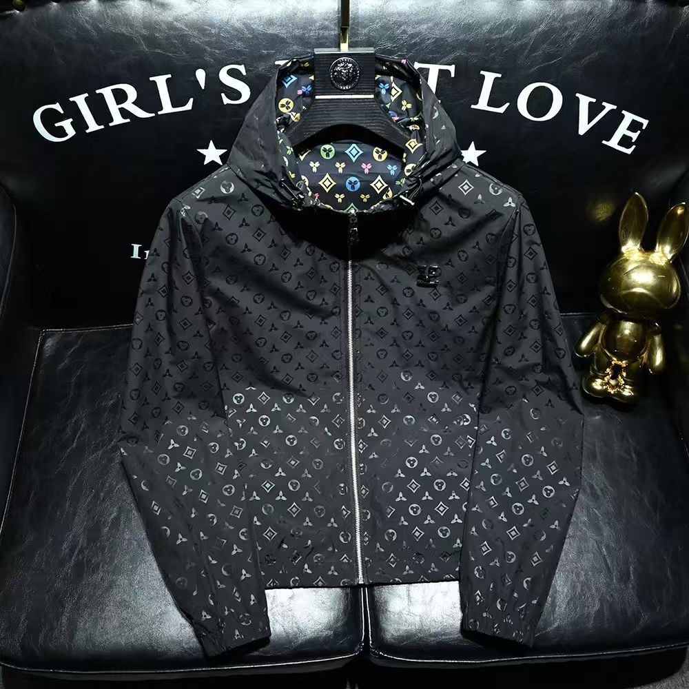 Free Shipping 2026 Spring New Fashion Print Design Reversible Hooded Jacket Casual Stylish Coat Size L-5XL