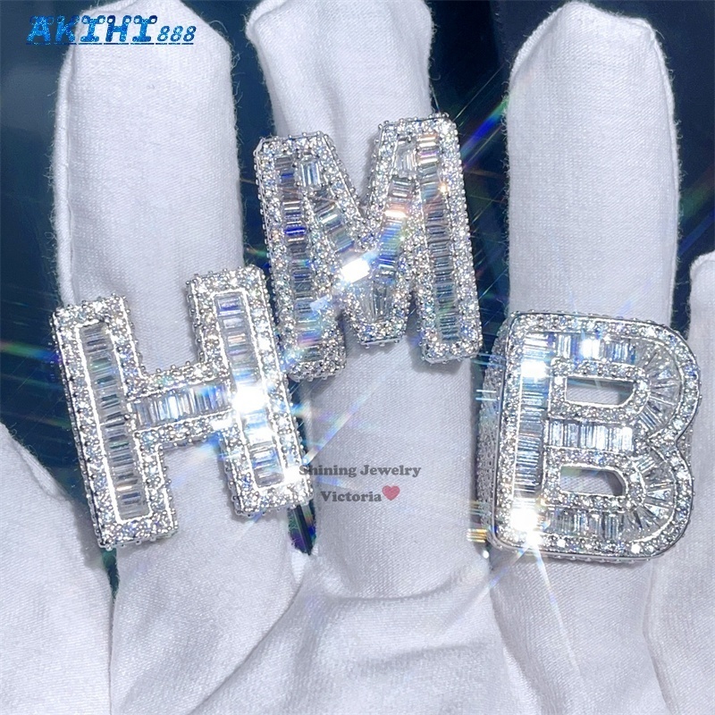 Best Selling Classic Round Mix Baguette Moissanite Diamond Custom Letter Initial Ring
