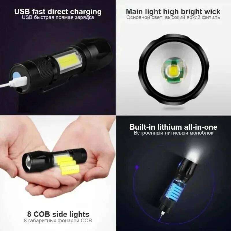 USB Rechargeable Mini Flashlight COB+XPE Portable Built-in Battery Zoomable Small Torch 3 Mode Camping Emergency Flashlights Z260121