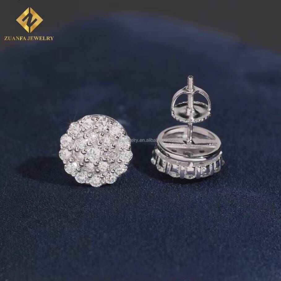 Fashion Stylish Popular Iced Out 925 Sterling Silver Lab Grown HPHT Diamond Round Flower Stud Earrings Screw Back Setting