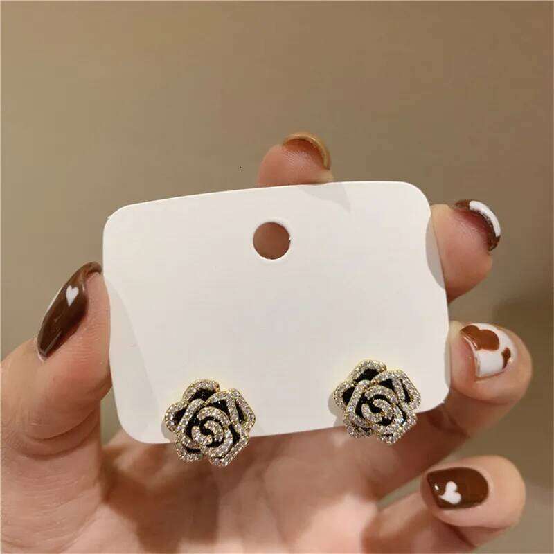 Luxury Camellia Stud White Black Metal Asymmetrical Lady Flower Earrings Simple Cute Ear Jewelry For Girl Friends Gift