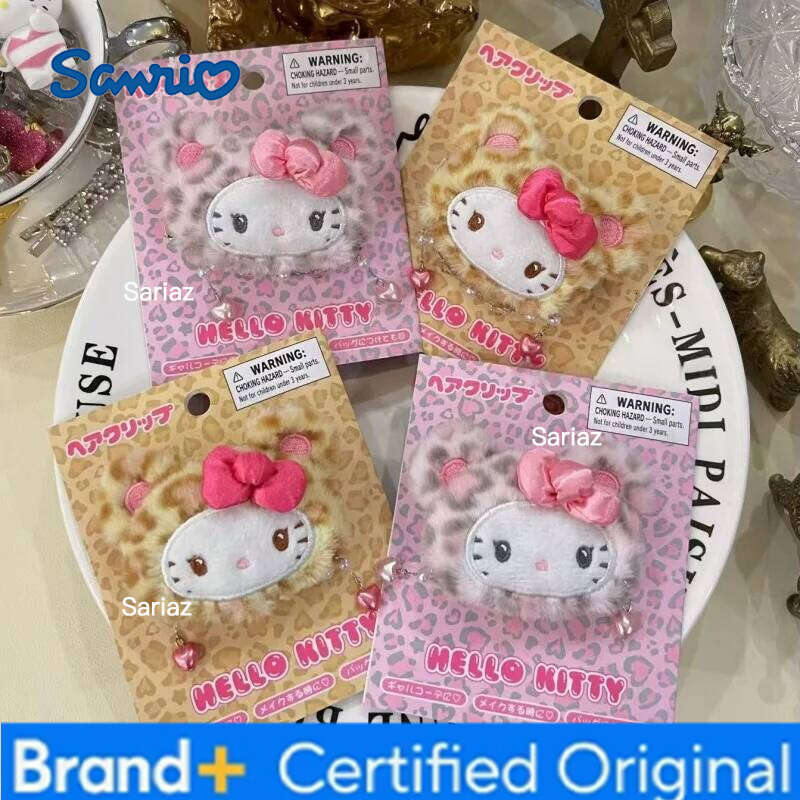 Sanrio Leopard Print Plush Hairpin Hello Kitty Clip Lady Bangs Side Barrette latte KT cat Girls Headwear Hair Accessories H260121