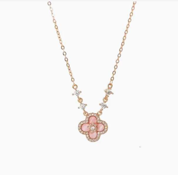 Rose Gold Tone Clover - Shaped Necklace With Pink Shell Diamond Accents Elegant Party Gift For Her High Quality And Romantic Jewelry