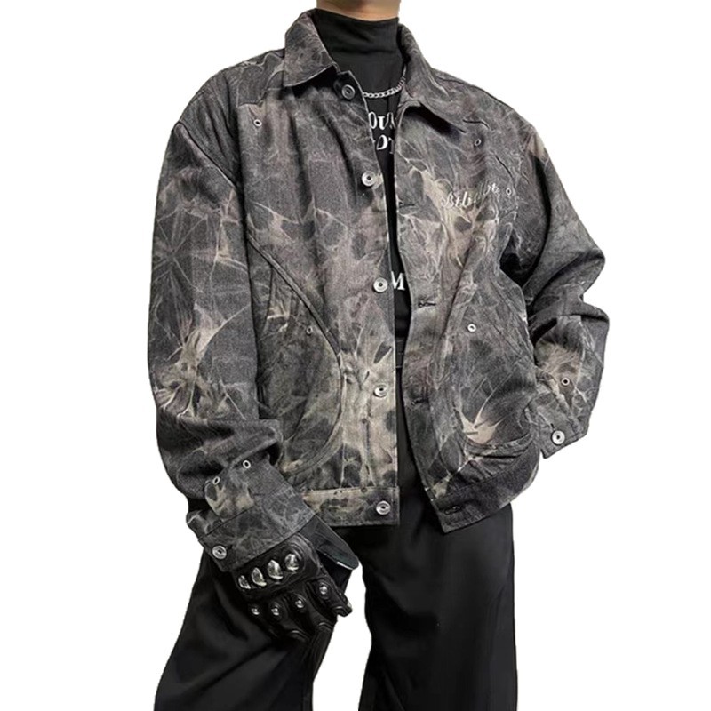 Retro tie-dye washed denim jacket - relaxed, deconstructed, fashionable, high street style workwear jacket Z251023