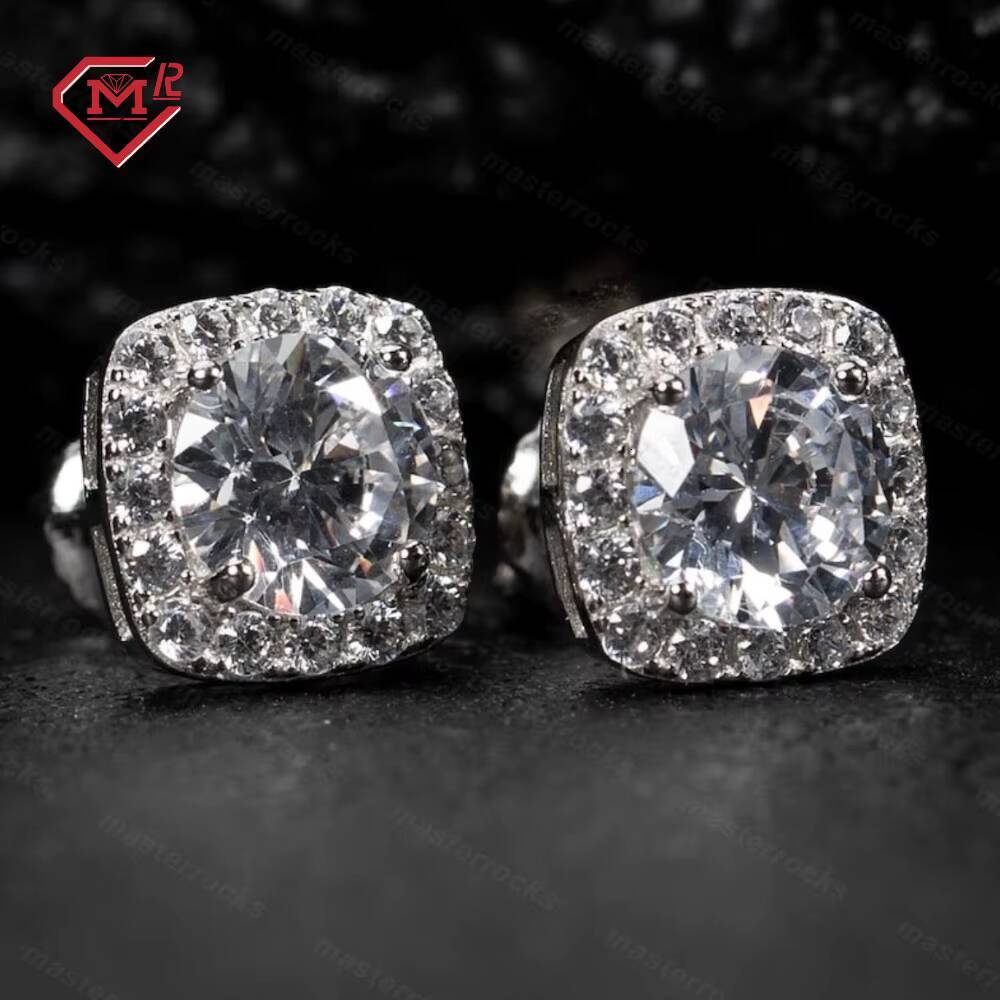 Daily Wear Men Earrings Stud Hip Hop Jewelry Iced Out Square S925 Silver Vvs Round Moissanite Earrings