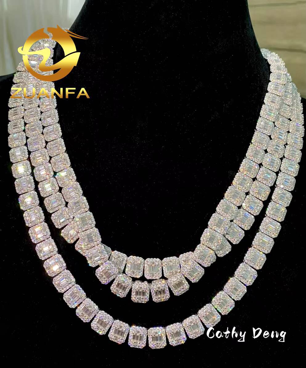 Hot Selling 13mm Baguette Diamond Moissanite Tennis Chain Silver 925 Iced Out Hip Hop Necklace Lab Grown Tennis Chain