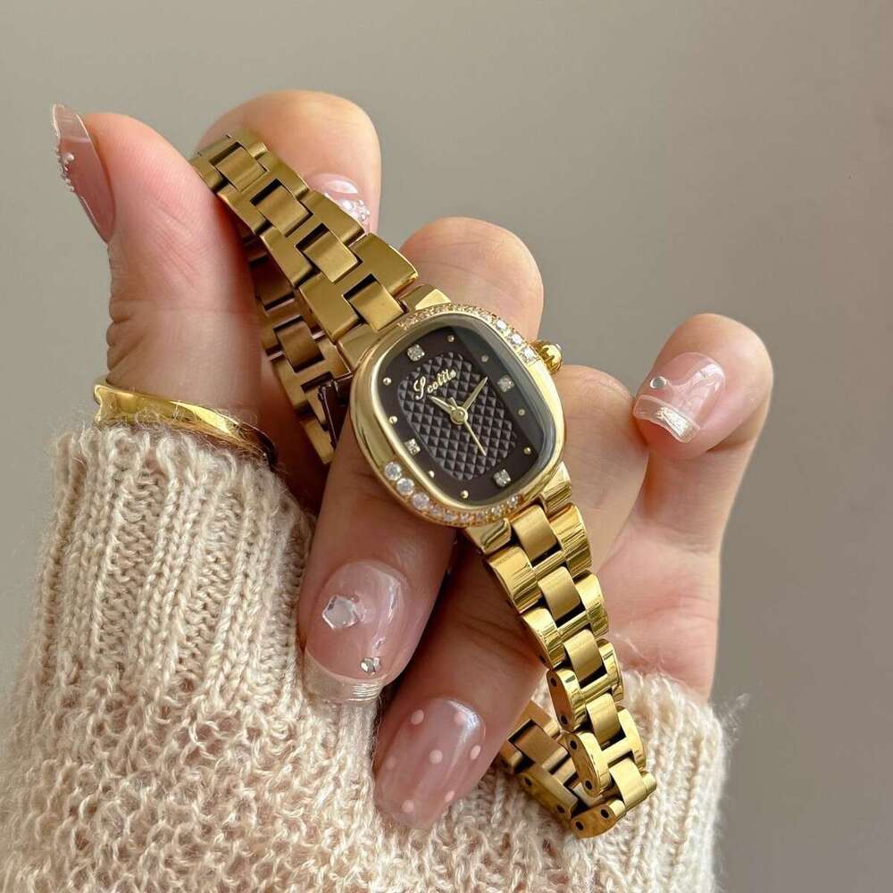 With Box Design Manufacturer Supply Dainty Oval Diamond-Studded Diamond Small Gold Bean Steel Band Watch Free gift