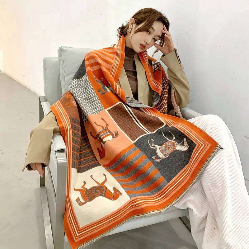 Luxury Winter Cashmere Scarf Women Design Warm Pashmina Blanket Horse Scarves Female Shawl Wraps Thick Foulard Bufanda