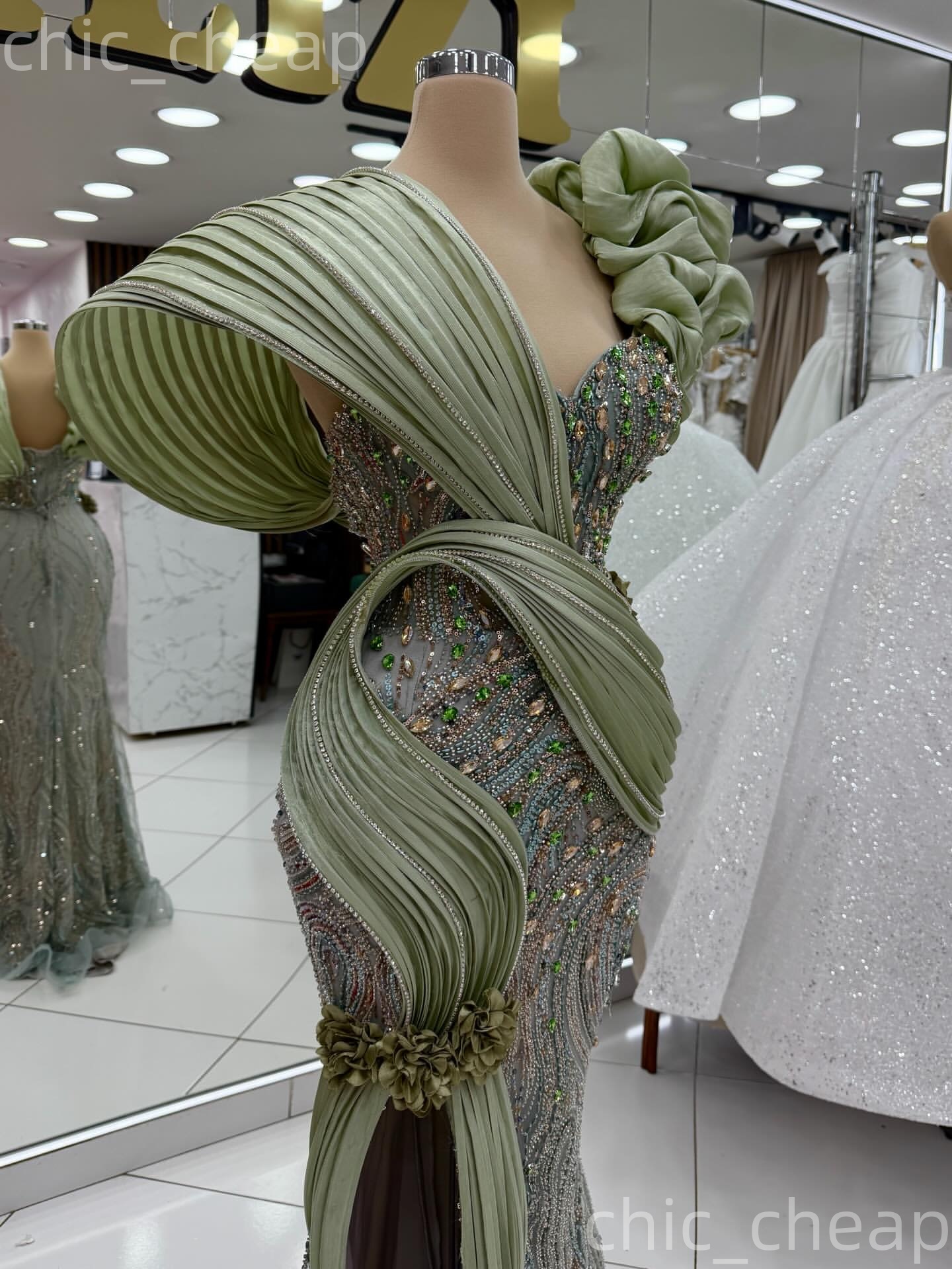 Aso Ebi 2026 Sage Mermaid Prom Dresses Beaded Crystals Flowers Sequined Evening Formal Party Second Birthday Engagement Gowns Dress For Special Occasi