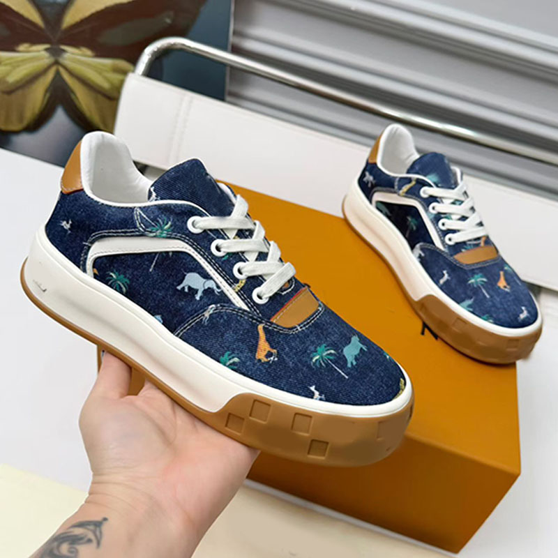 X The Darjeeling Limited Tilted Sneakers classic Embroidered denim natural leather trim casual shoes upper Embroidered cross continental flora and fauna pattern