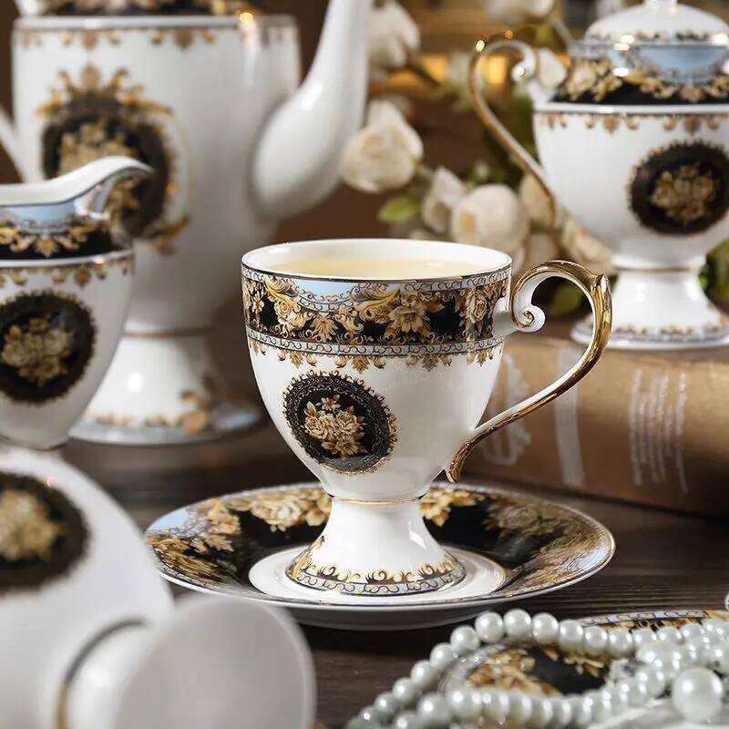 Bone China Coffee and Saucer British Court Teapot Milk Jar Sugar Tank Ceramic Afternoon Tea Flowertea Cup Party Drinkware