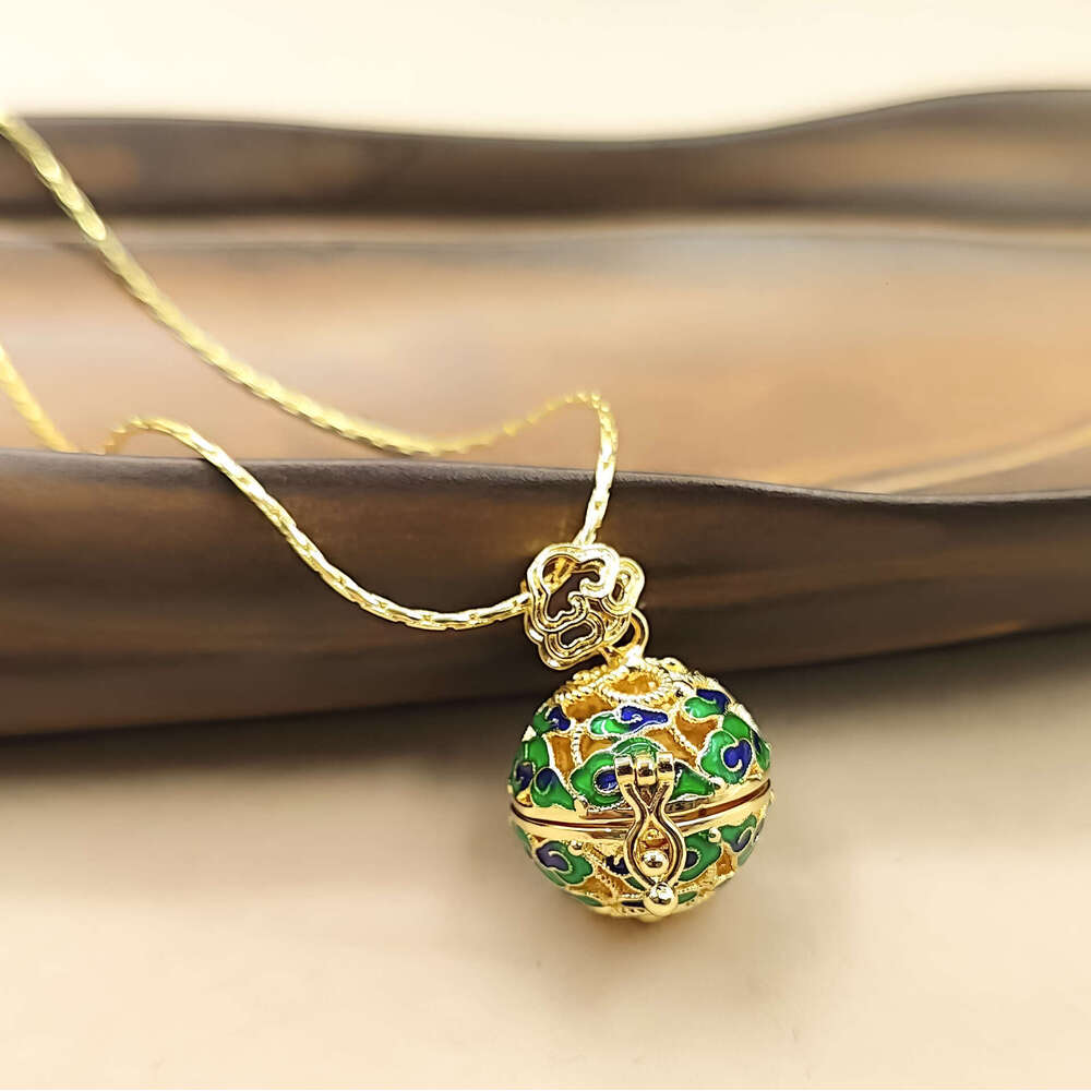 Chinese Cloisonn enamel Lock Pendant Necklace Handcrafted Gold-Tone Box Traditional Feng Shui Jewelry for Women