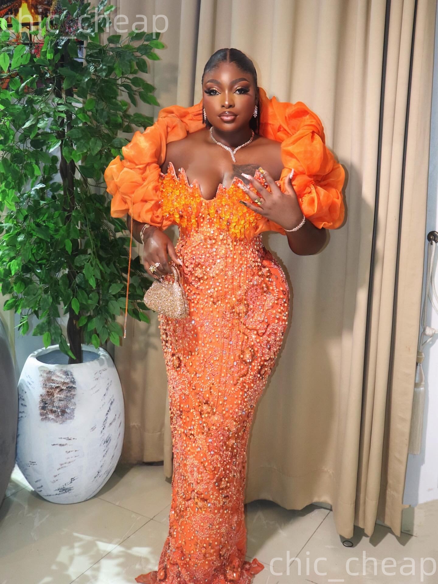 Aso Ebi Orange Sheath Prom Dresses 2026 Crystals Pearls Portrait Sequined Evening Formal Party Second Birthday Engagement Gowns Dress For Special Occa
