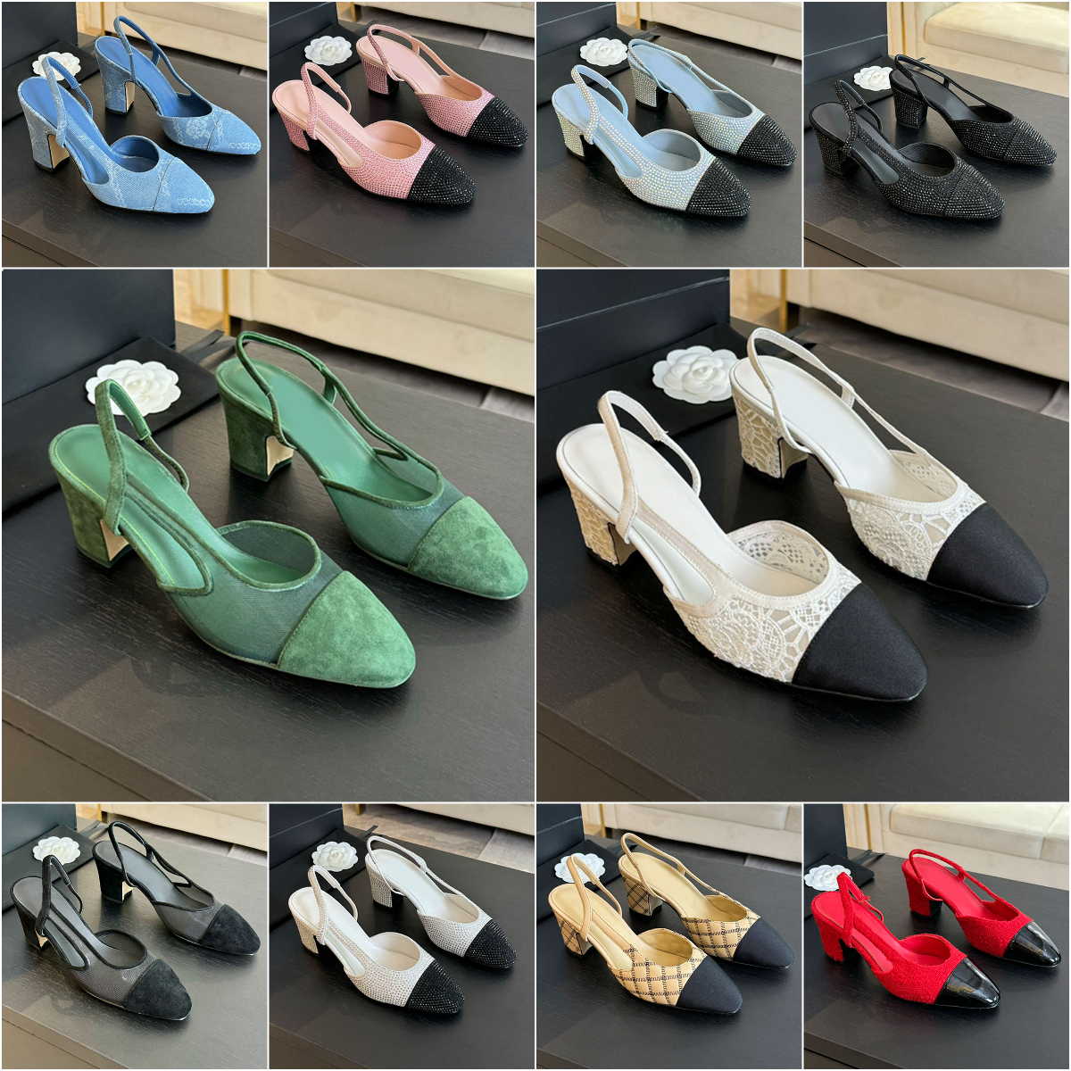 Crystal slingback heels sandals womens designer heels womens designer shoes cap toes heels luxury ballet heels shoes designer ballet flats woolen tweed leather
