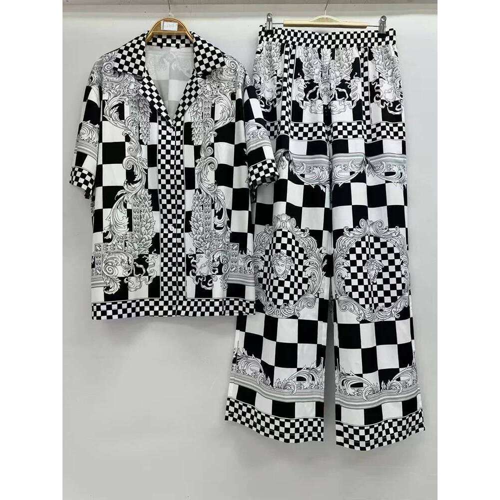 Designer's Retro Geometric Print Straight-Leg Pajama Shirt Two-Piece For Summer Women's Wear + Loose Wide-Leg Pants Set