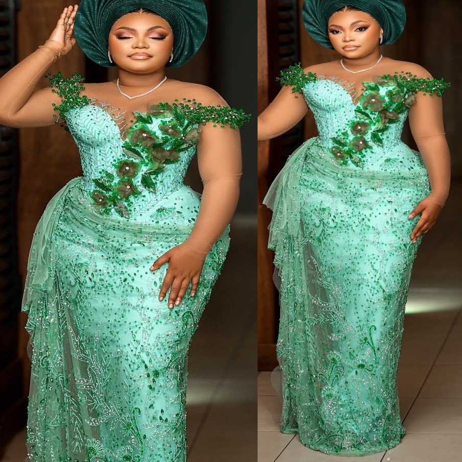 Aso Ebi 2026 Nigerian Mint Sheath Prom Dresses Flowers Crystals Beaded Evening Formal Party Second Birthday Engagement Gowns Dress For Special Occasio