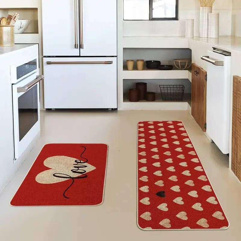 Valentine's Day Heart Themed Crystal Velvet Kitchen Mat Decorative Stain Resistant And Easy To Clean Entryway Doormat