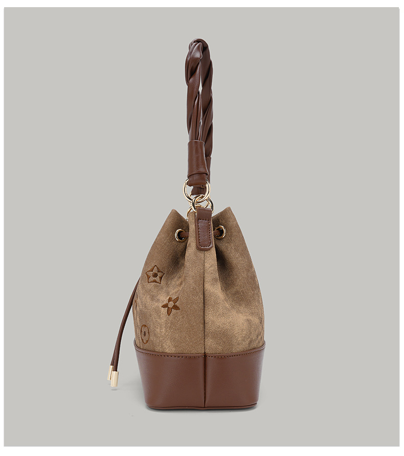 Vintage Monogram Canvas Bucket Bag Braided Handle Crossbody Purse With Cute Charms Free shipping