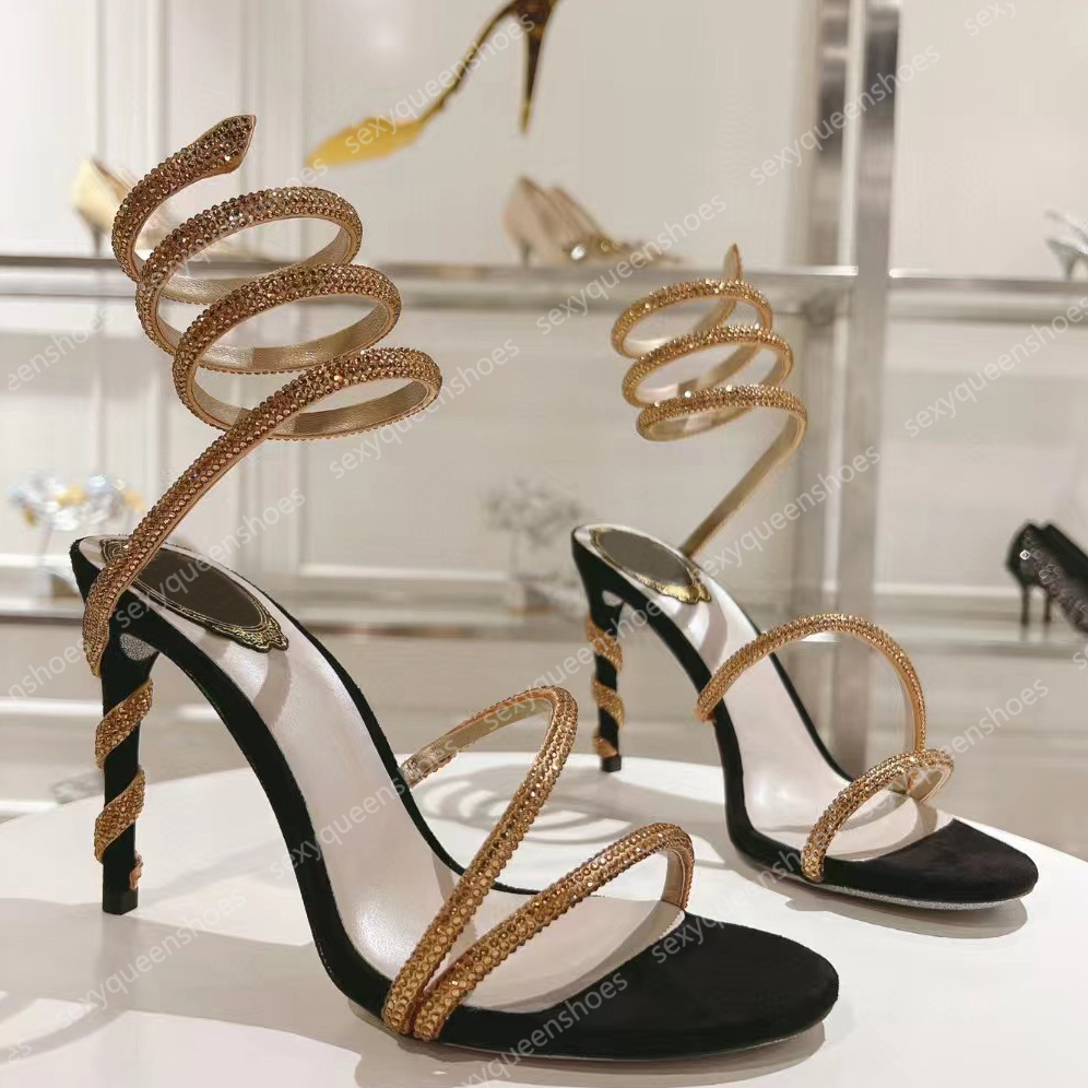 RENE Fashion Crystal High Heel Sandals Classic Serpentine Wrapped Ankle Strap Luxury Designer Dress Shoes Womens Low Heel Party Wedding Shoes Size 34-43