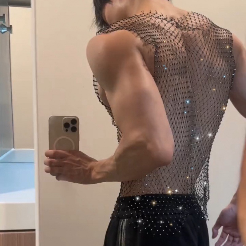 Stage Wear Sparkly Rhinestone Men's Hollow Out Tank Top Sheer Fishnet Party Club Performance Top